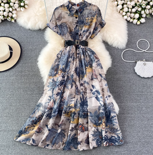 2025 socialite temperament ink painting print waist lapel single-breasted A-line big swing dress R0341