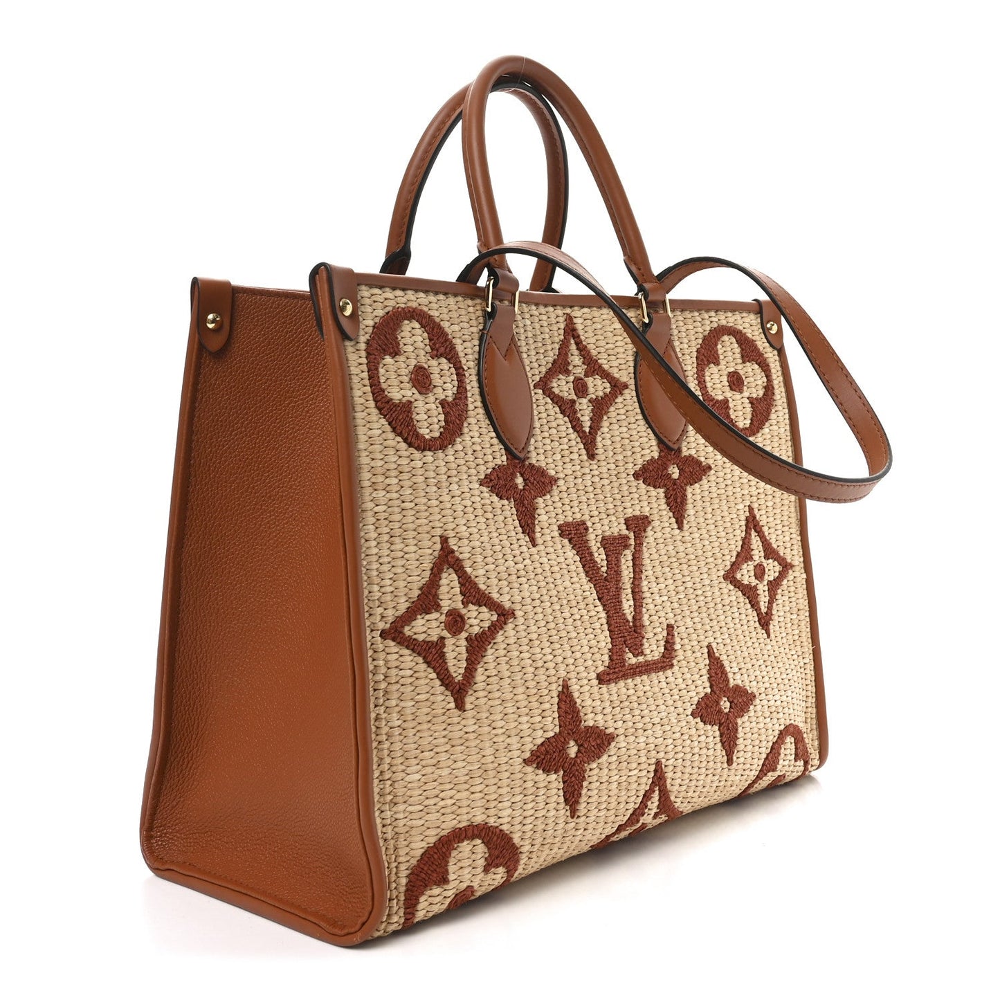 Raffia Calfskin Monogram Giant Onthego MM Tan