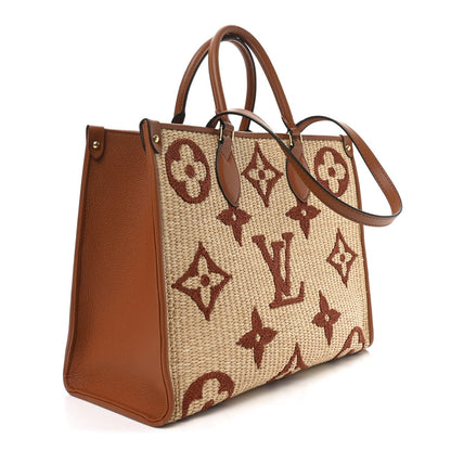 Raffia Calfskin Monogram Giant Onthego MM Tan