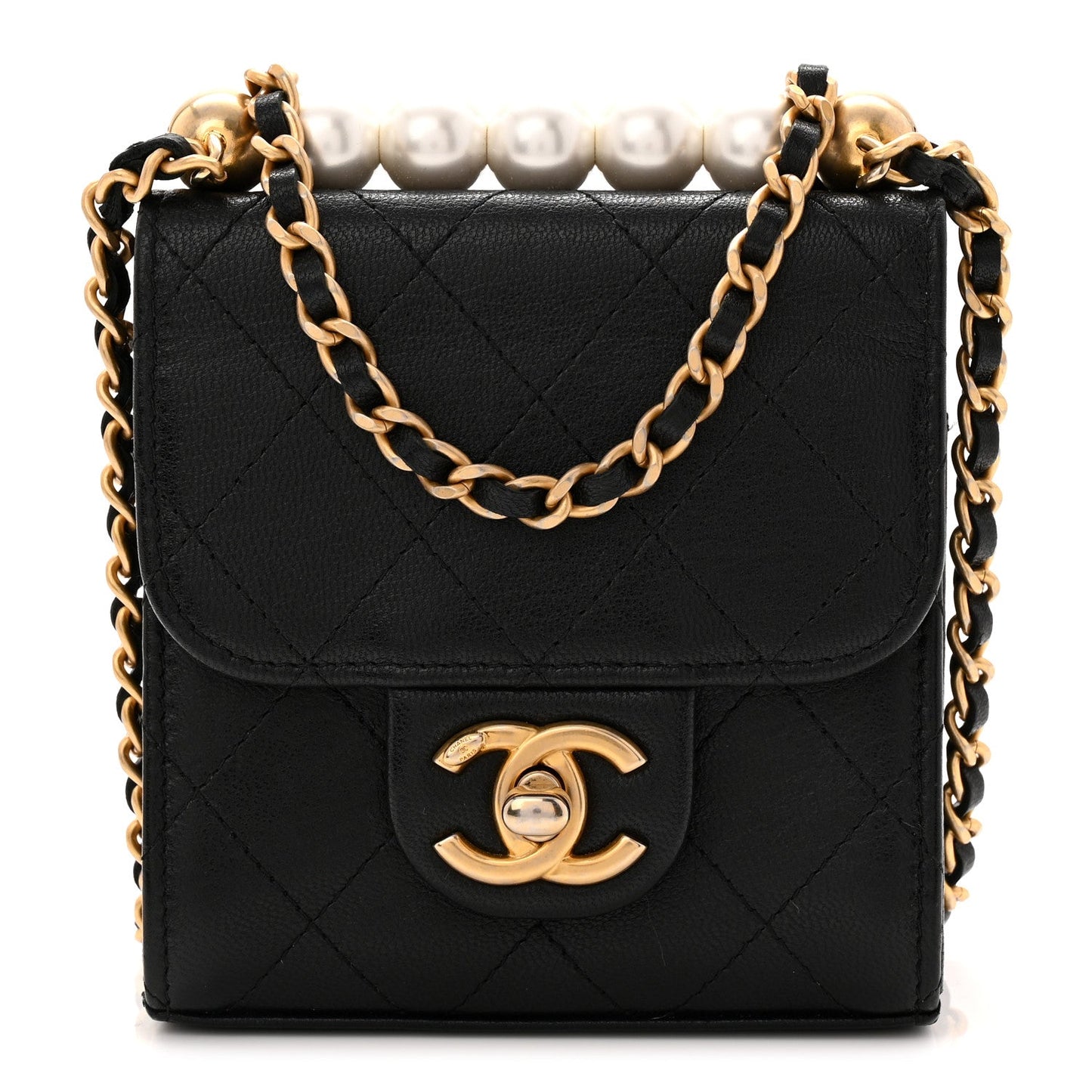Lambskin Quilted Chic Pearls Flap Black