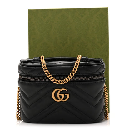 Calfskin Matelasse Chevron Mini GG Marmont Top Handle Bag Black