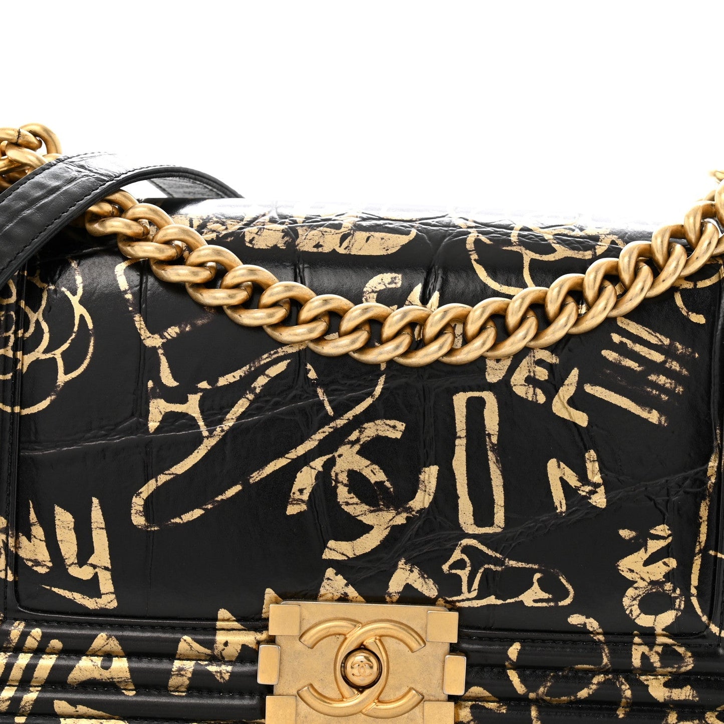 Calfskin Crocodile Embossed Graffiti Cocodile Medium Boy Flap Black