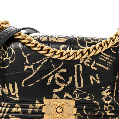 Calfskin Crocodile Embossed Graffiti Cocodile Medium Boy Flap Black