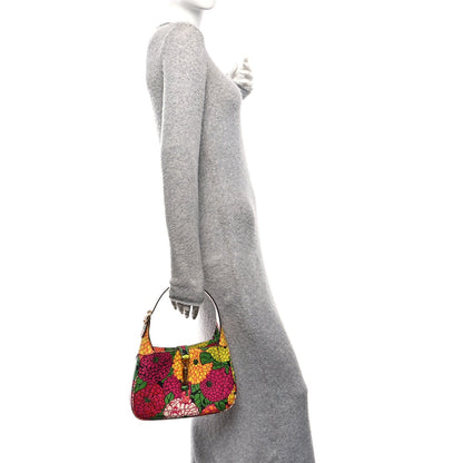 X KEN SCOTT Textured Calfskin Pomponica Print Small Jackie 1961 Hobo Multicolor Fuxia Pompon