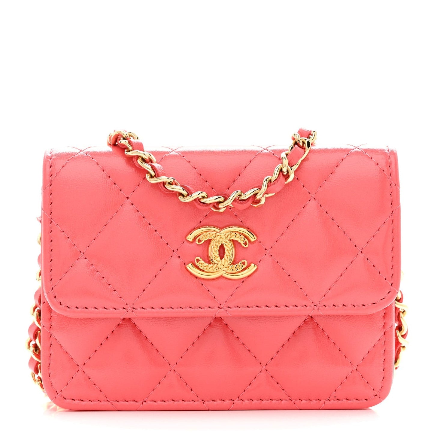 Shiny Lambskin Quilted Card Holder On Chain Pink