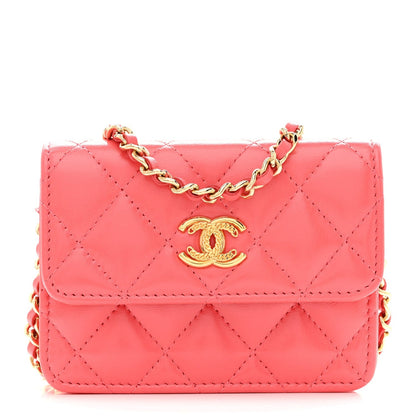 Shiny Lambskin Quilted Card Holder On Chain Pink