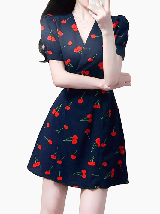 2025 Summer New French Retro V-neck Black Cherry Floral Wrap Dress R0939