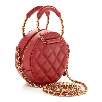 Caviar Quilted Chain Handle Round Clutch With Chain Bag  Red