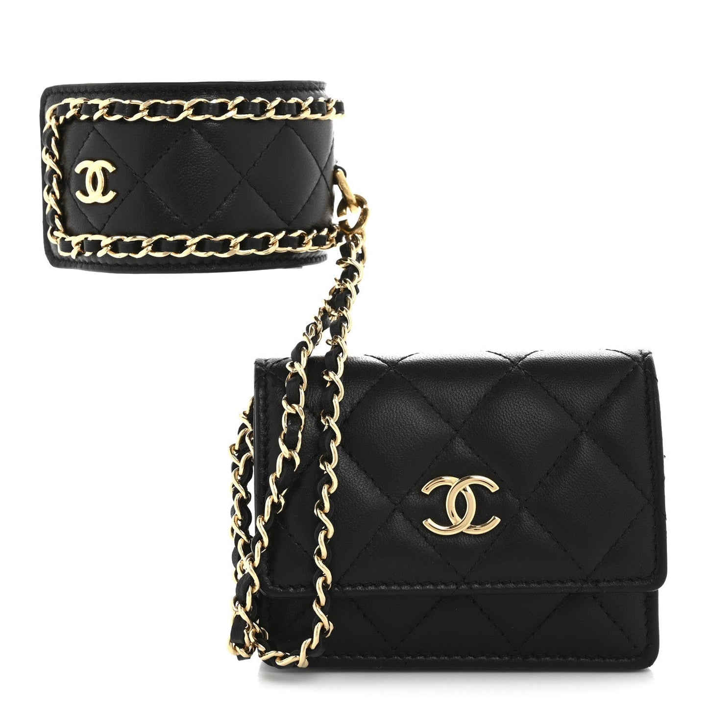 Lambskin Quilted Flap Card Holder With Cuff Black