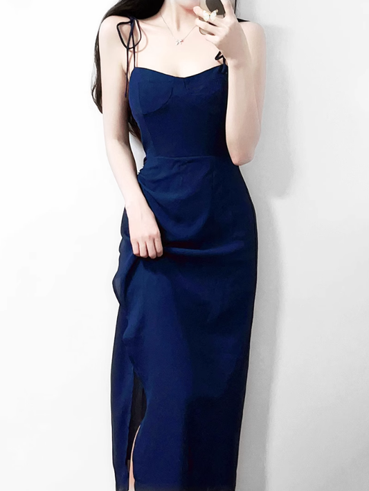 2025 Summer New French Retro Blue Waist Cross Pleated Suspender Dress R0971