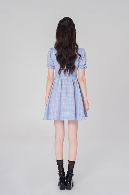 Plaid dress puff sleeves high waist short skirt new style high-end square neck A-line skirt R4496