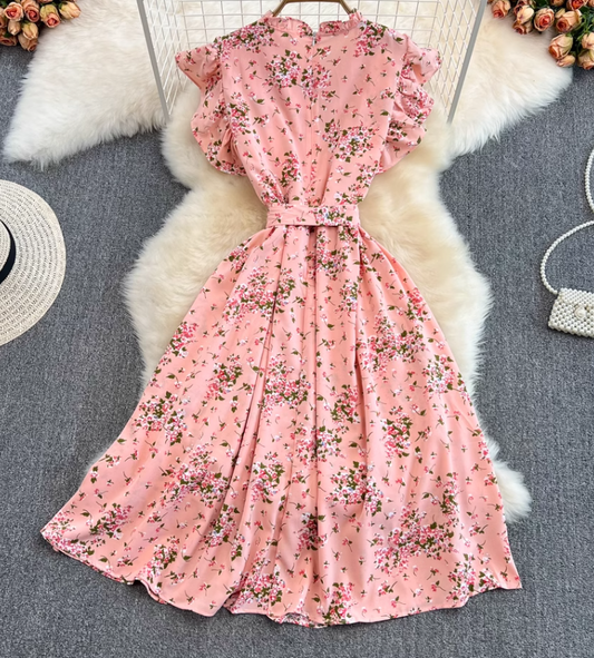 2025 Summer Gentle Style Sweet Ruffled Stand Collar Waist Slim Floral Chiffon Lotus Sleeve Dress R0408