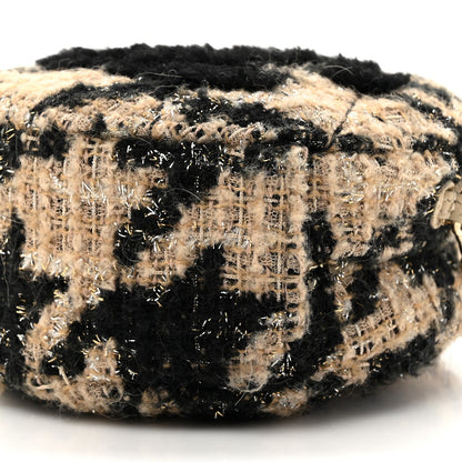 Tweed Shearling Round Clutch With Chain and Coin Purse Beige Black