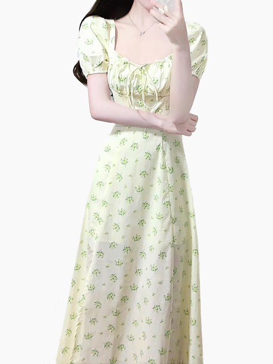 2025 Summer New French Square Neck Puff Sleeve Small Fresh Floral Long Dress R0958