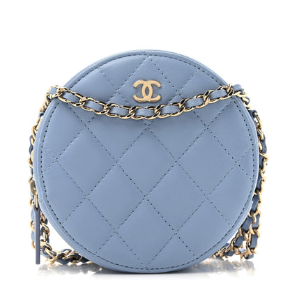 Lambskin Quilted Round Clutch With Chain Light Blue