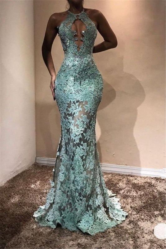 Halter Sleeveless Mermaid Prom Dresses Lace Appliques Long Evening Gowns