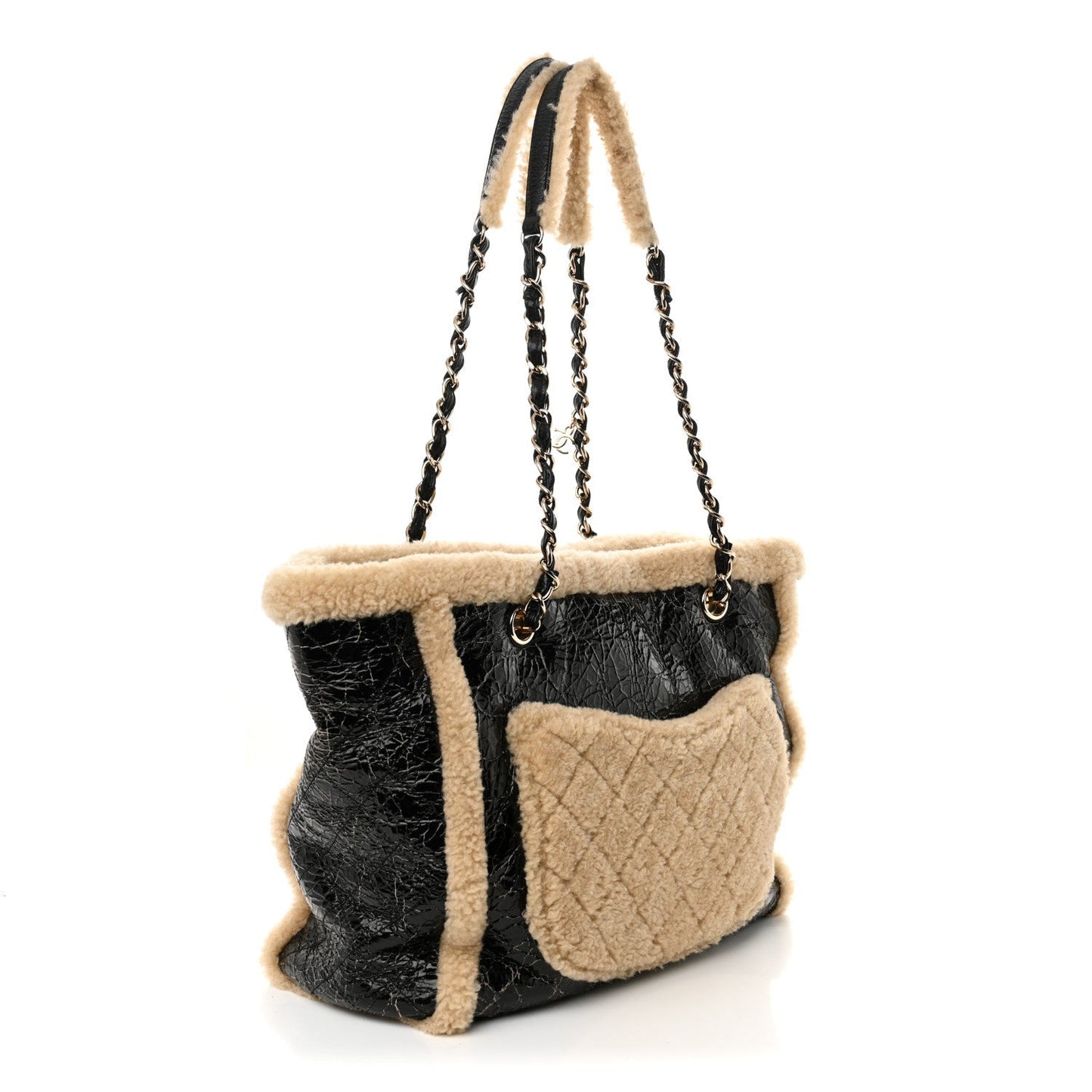 Shiny Crumpled Sheepskin Shearling CC Mania Tote Bag Black Beige