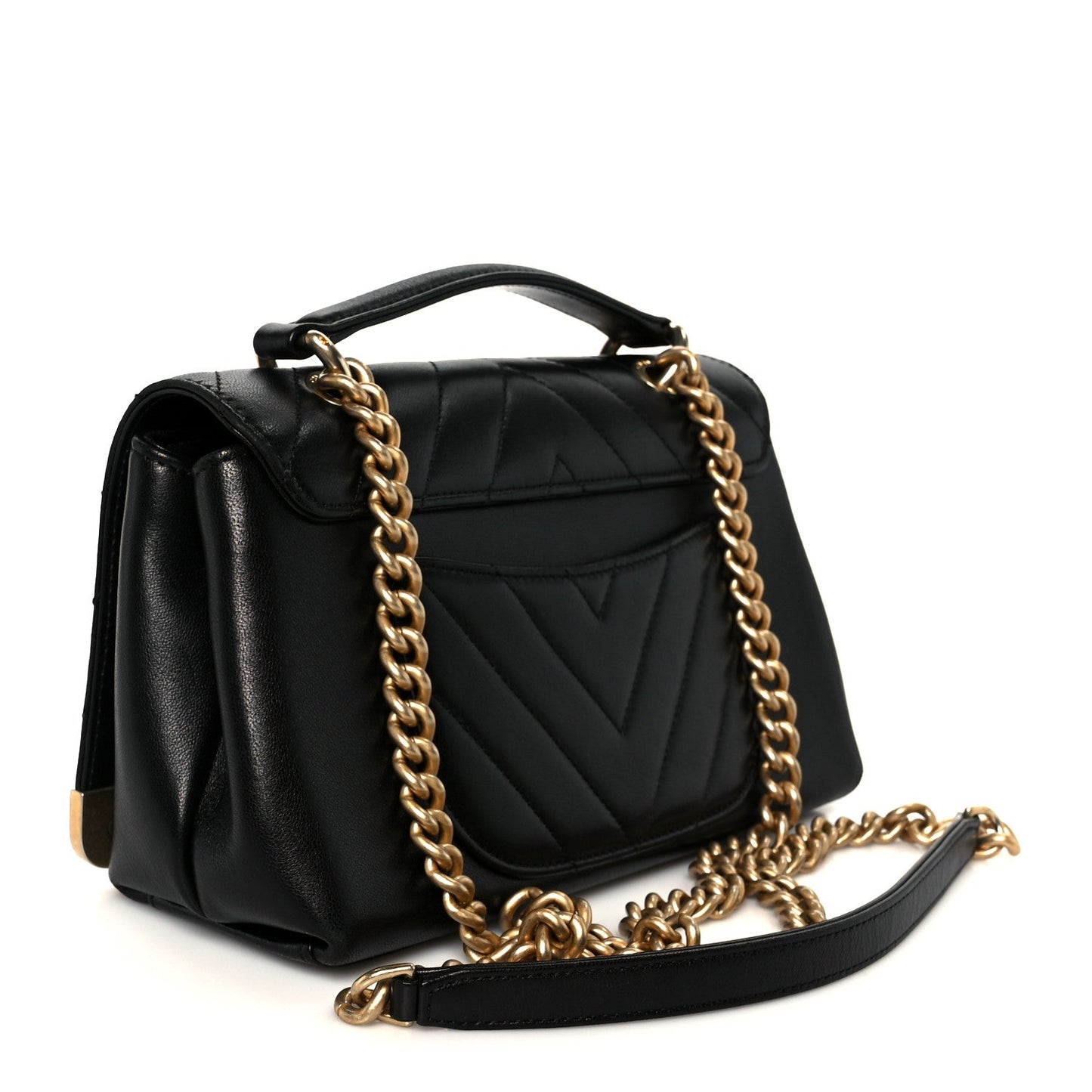 Sheepskin Chevron Stitched Chain Top Handle Flap Black
