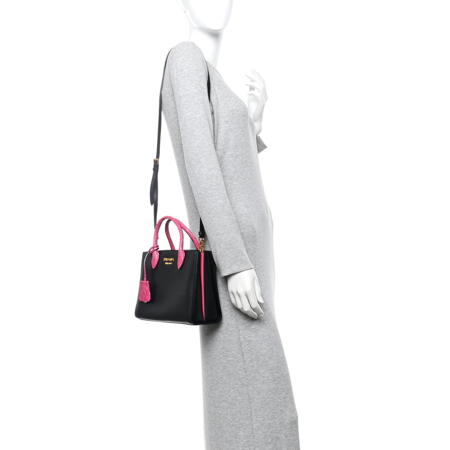 Saffiano Cuir Crocodile Mini Double Bag Black Magenta