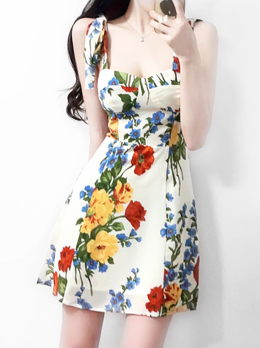 2025 Summer New French Waist Sexy Printed Short Holiday Suspender Dress R0972