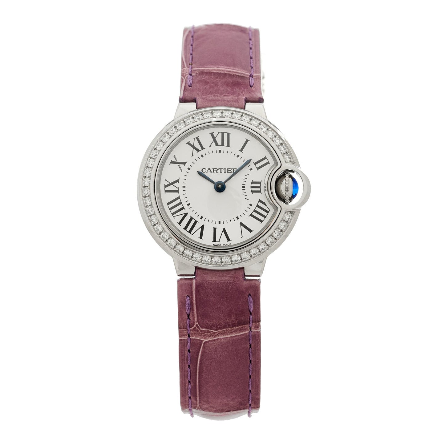 Stainless Steel Alligator Diamond Bezel 28mm Ballon Bleu De Cartier Watch Purple