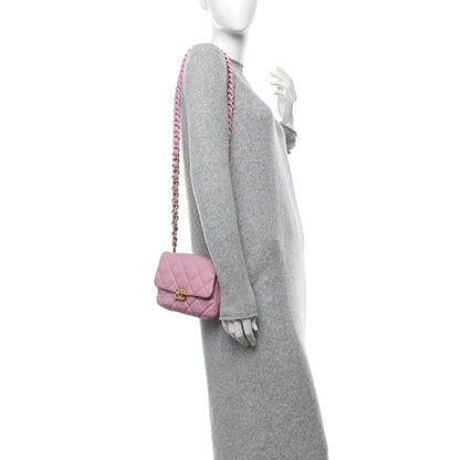 Lambskin Quilted Mini Lacquered Chain Flap Pink