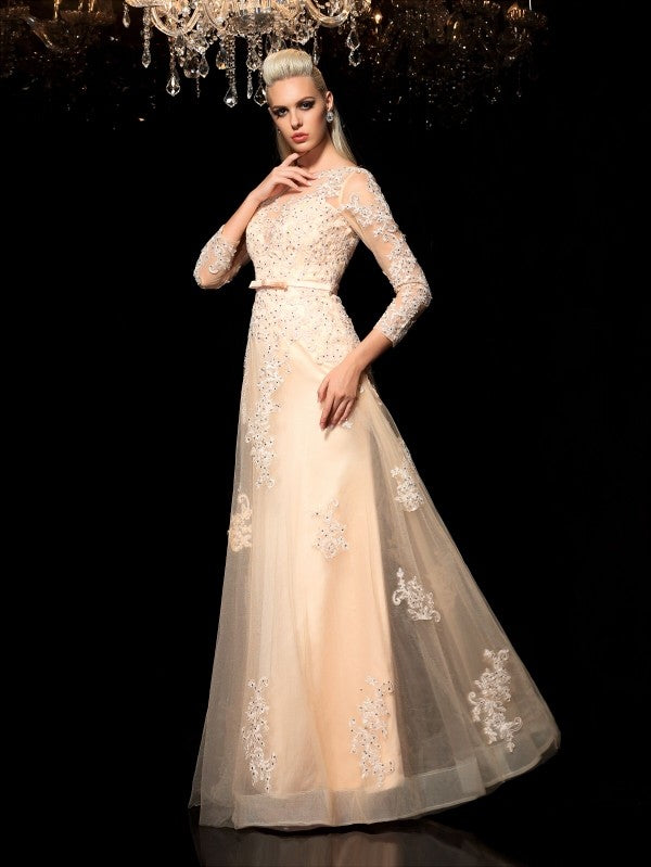 A-Line/Princess Sheer Neck Applique Long Sleeves Long Satin Dresses