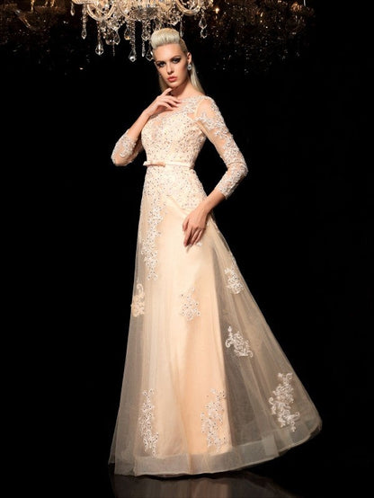 A-Line/Princess Sheer Neck Applique Long Sleeves Long Satin Dresses