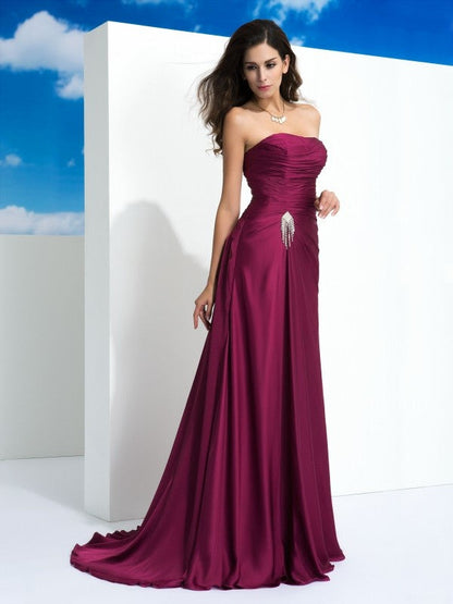 A-Line/Princess Strapless Pleats Sleeveless Long Satin Chiffon Dresses