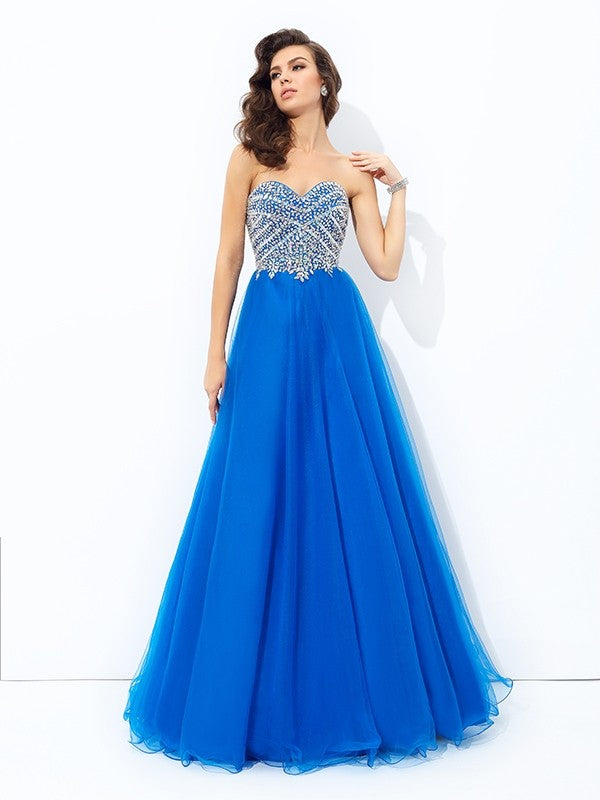 A-line/Princess Sweetheart Sequin Sleeveless Long Net Dresses