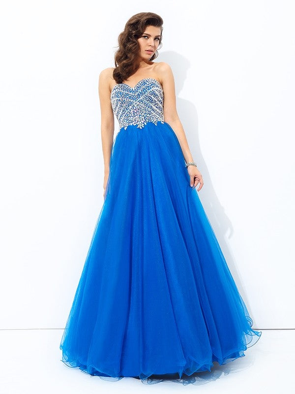 A-line/Princess Sweetheart Sequin Sleeveless Long Net Dresses