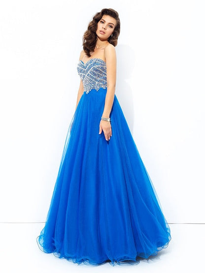 A-line/Princess Sweetheart Sequin Sleeveless Long Net Dresses