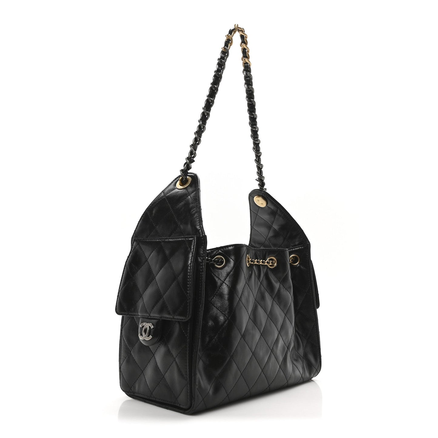 Shiny Crumpled Calfskin Quilted Small Chanel 25 Handbag Black