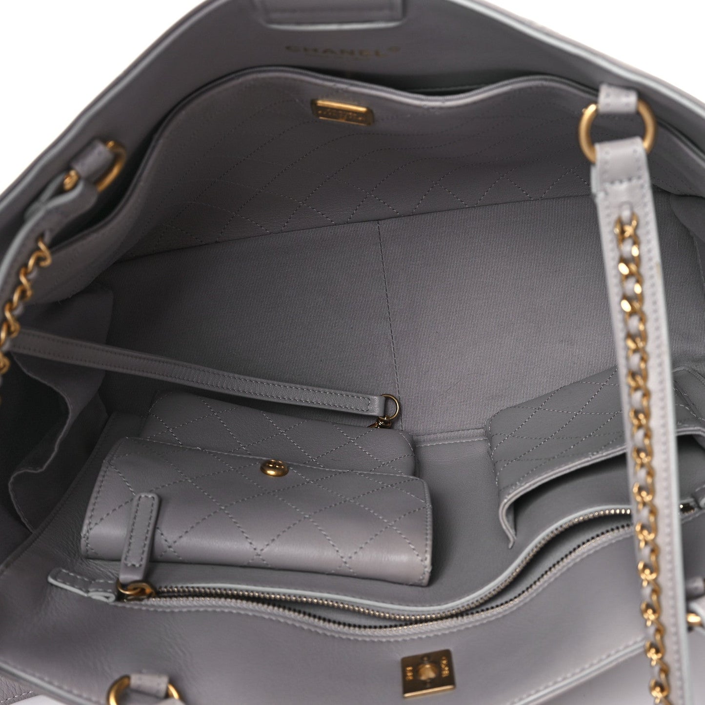 Calfskin Quilted Book Pocket Shopping Tote Grey