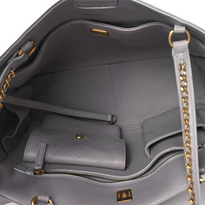 Calfskin Quilted Book Pocket Shopping Tote Grey