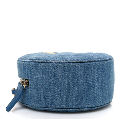 Denim Quilted Round Pearl Crush Clutch With Chain Blue
