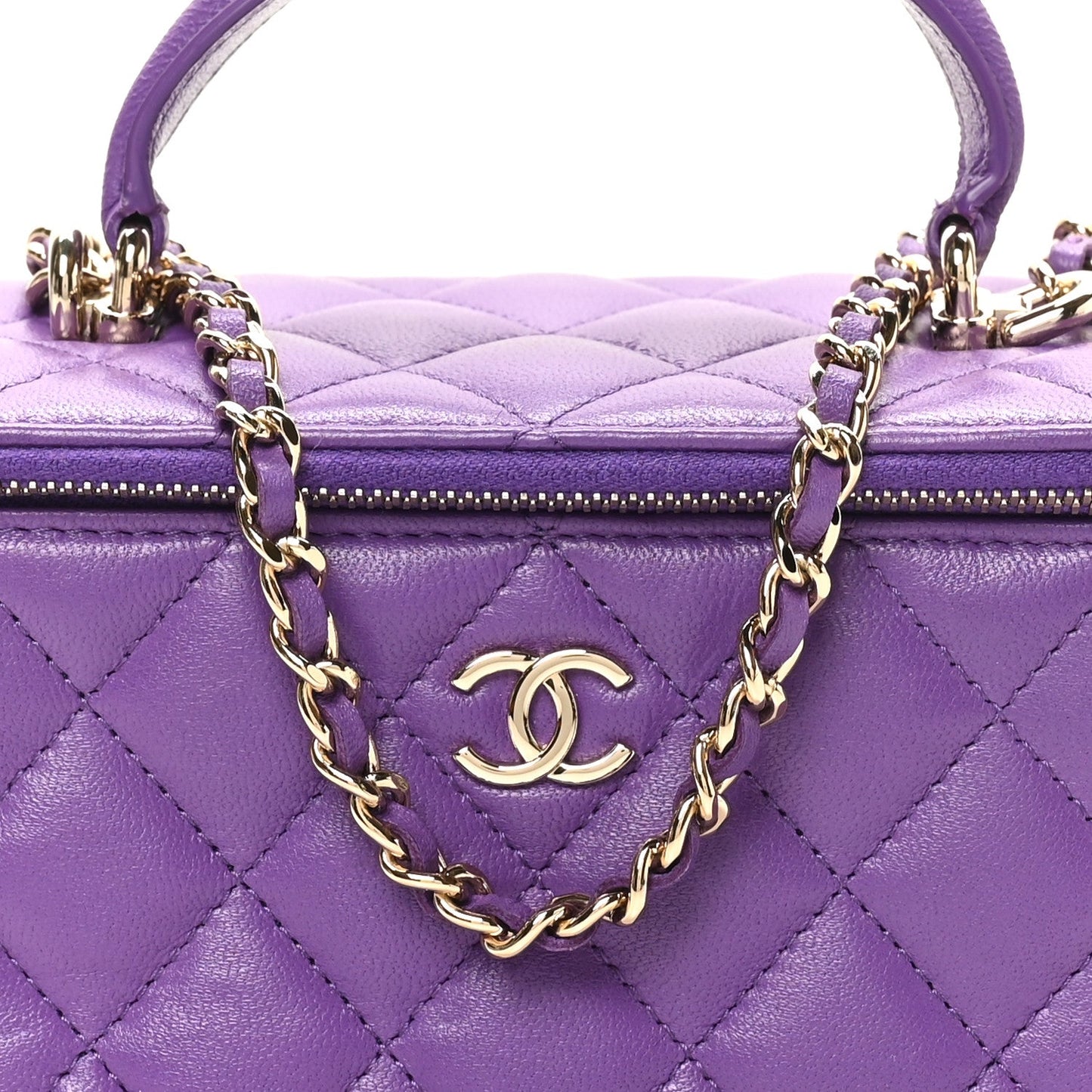 Lambskin Quilted Small Top Handle Vanity Case With Chain Purple