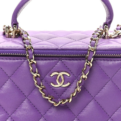 Lambskin Quilted Small Top Handle Vanity Case With Chain Purple