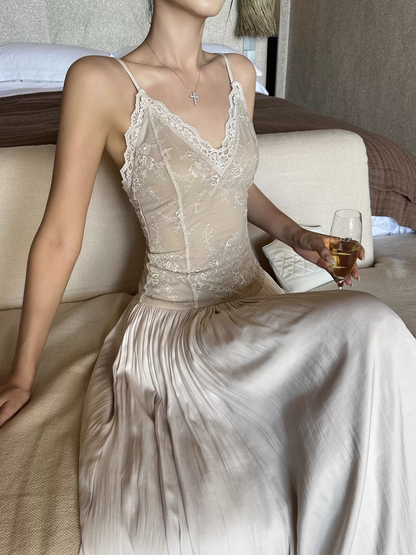 Unique Apricot Spaghetti Straps V Neck Lace Satin A Line Long Evening Dress Party Gown