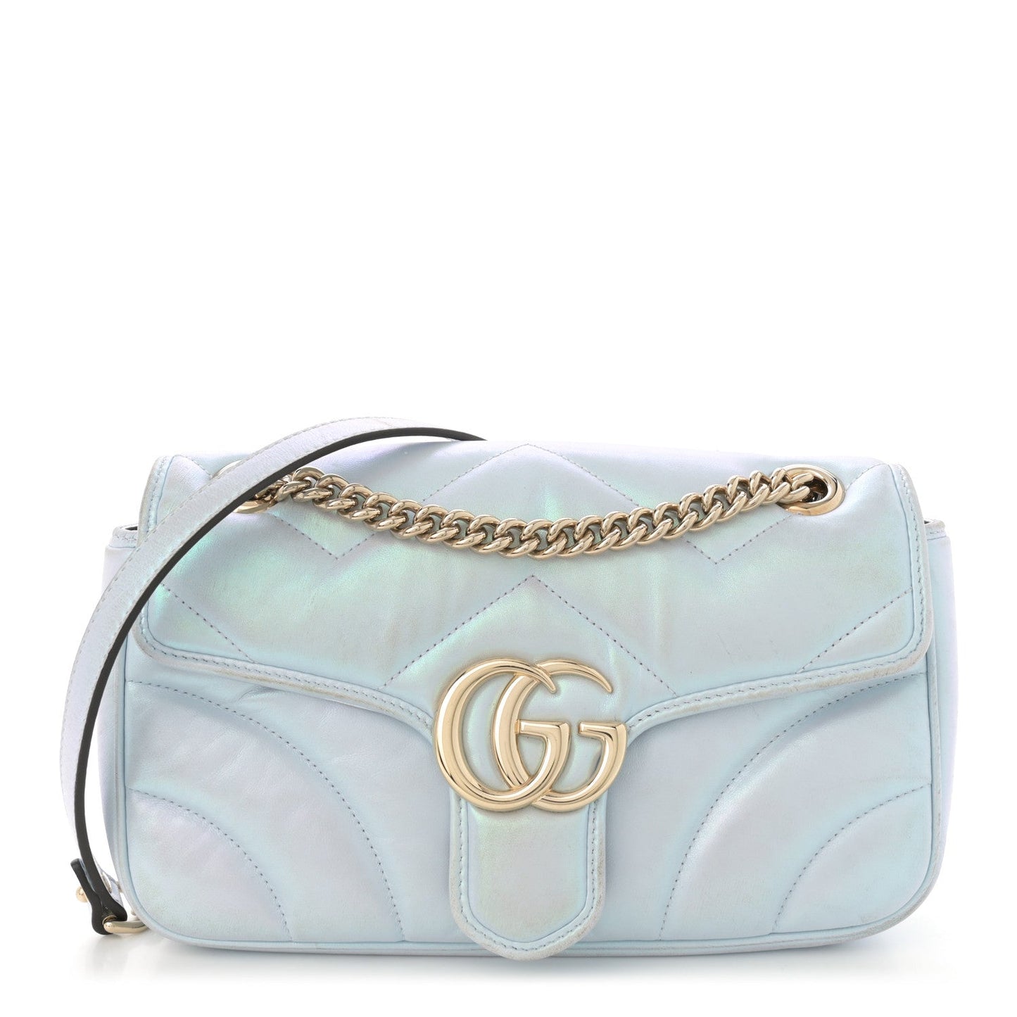 Iridescent Nappa Chevron Matelasse Small GG Marmont Shoulder Bag Iridescent Snow Light Blue