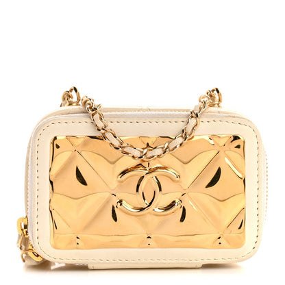 Lambskin Quilted Golden Plate Clutch With Chain White