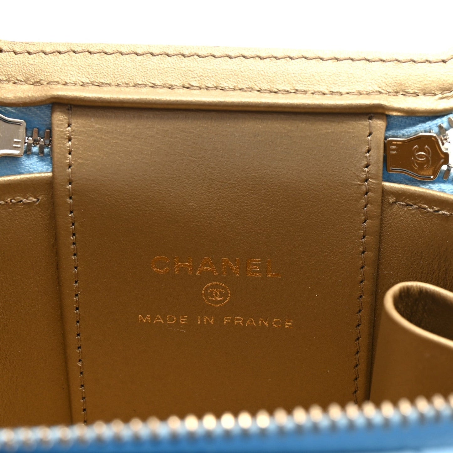 Lambskin Quilted Pearl Crush Mini Vanity Case With Chain Light Blue