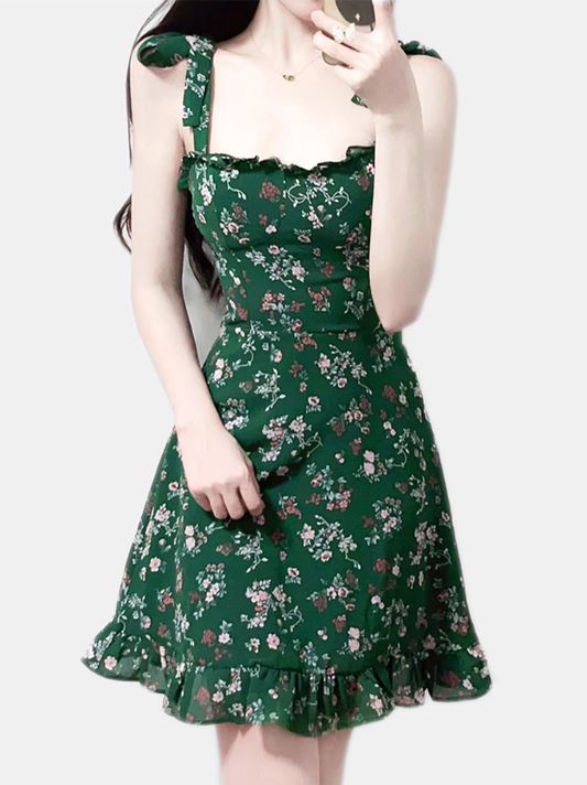 2025 Summer New Retro Green Floral Fungus Small A-line Suspender Dress R0926