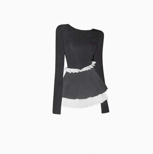 High-grade long-sleeved knitted bottoming shirt 2025 large size gray and white pleated skirt suit R1304