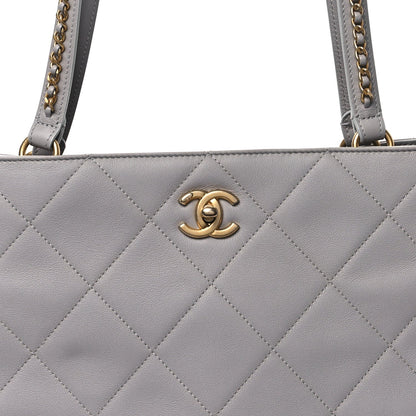 Calfskin Quilted Book Pocket Shopping Tote Grey