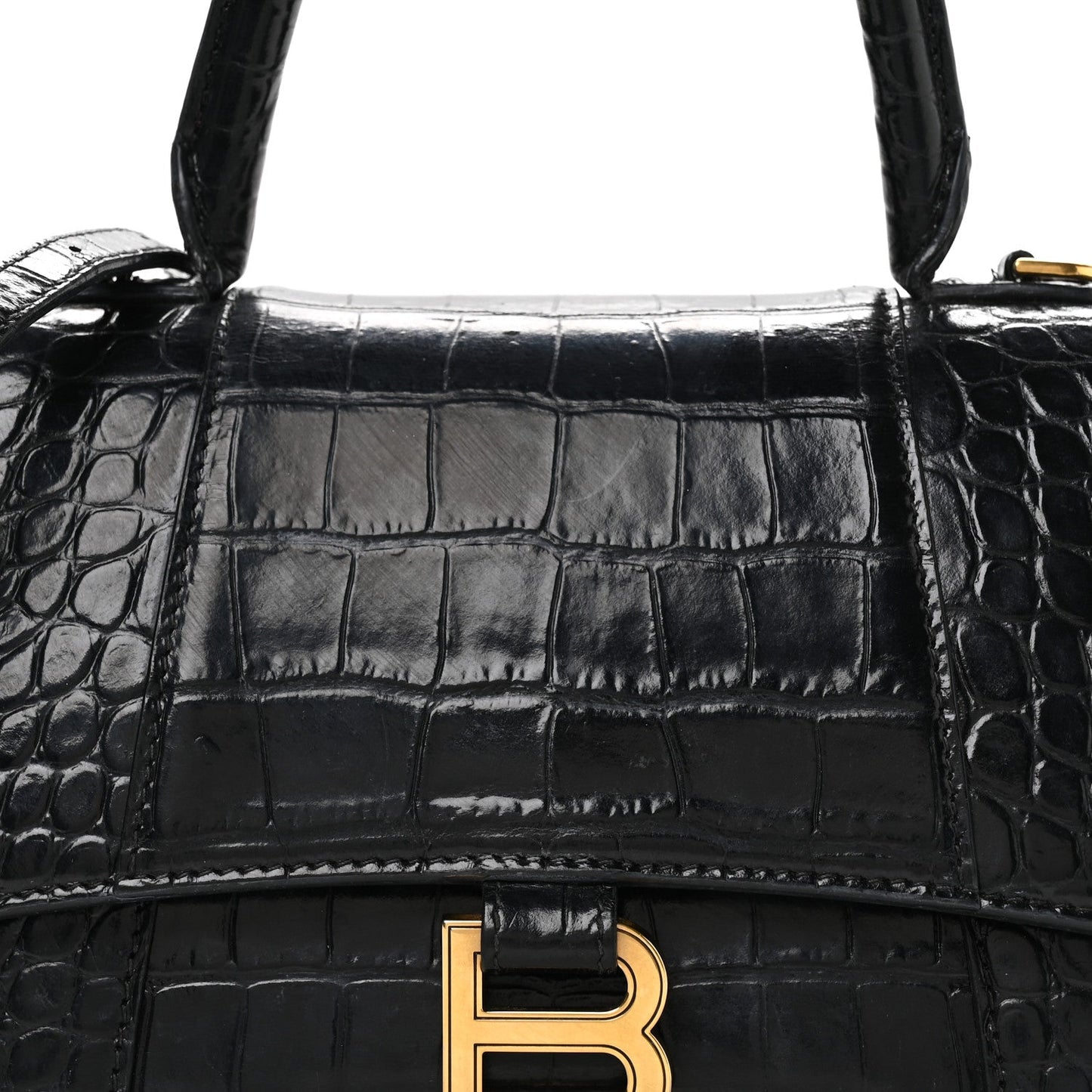 Shiny Calfskin Crocodile Embossed Small Hourglass Top Handle Bag Black