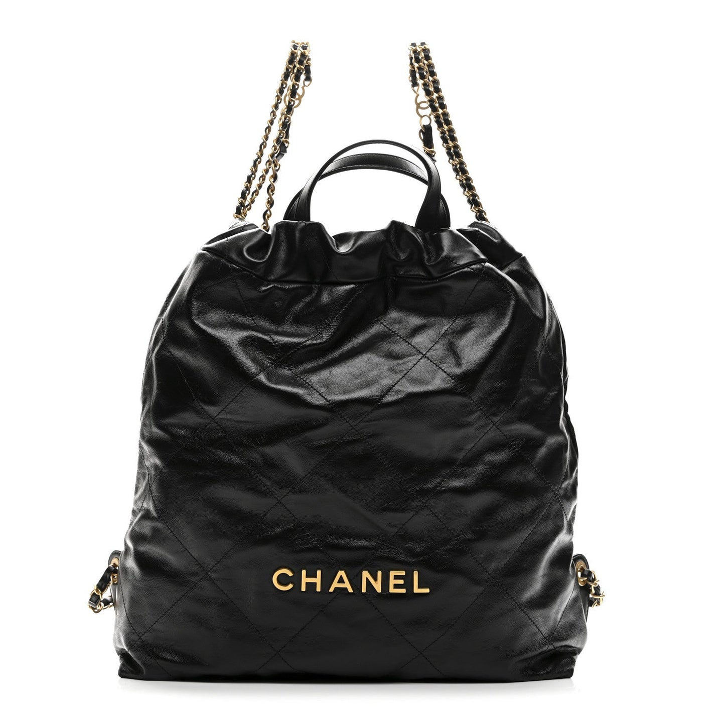 Shiny Calfskin Quilted Chanel 22 Backpack Black