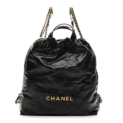 Shiny Calfskin Quilted Chanel 22 Backpack Black