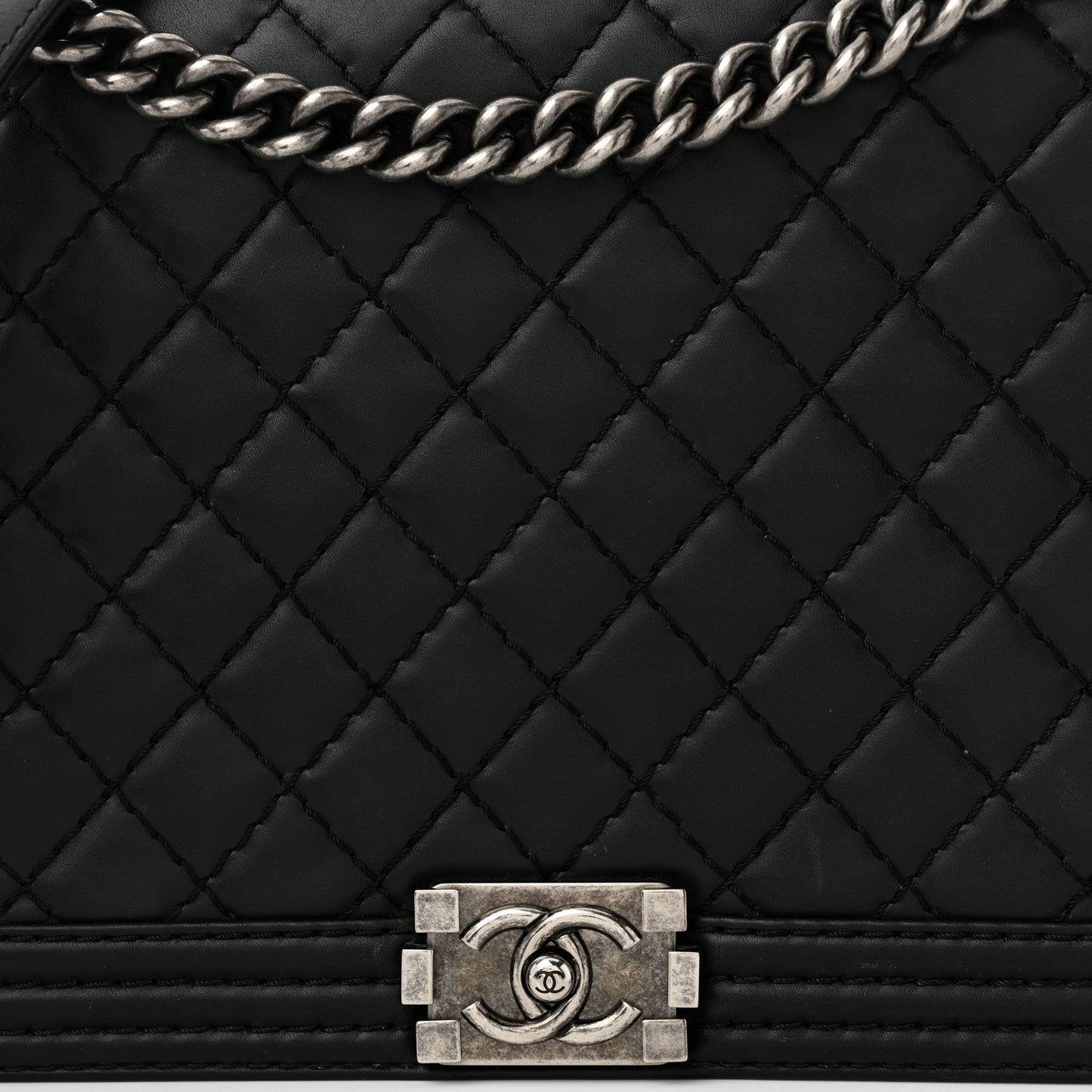 Calfskin Double Stitch Large Boy Flap Black
