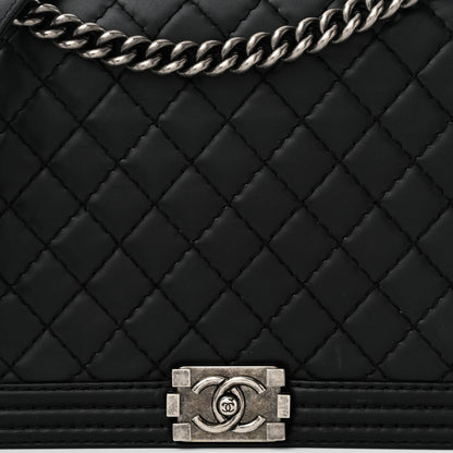 Calfskin Double Stitch Large Boy Flap Black
